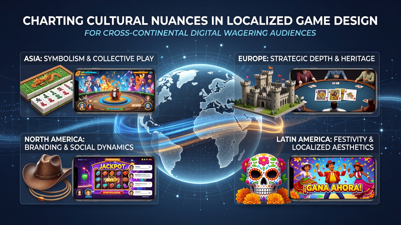 Diverse team of game designers collaborating on culturally adapted digital wagering interfaces with global maps and cultural symbols in background