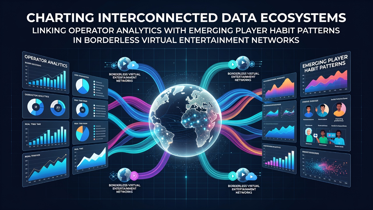 Visual representation of interconnected data flows across virtual entertainment platforms showing operator dashboards and player behavior nodes