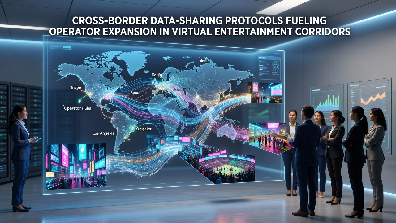 Network visualization showing secure data exchange pathways connecting multiple international virtual entertainment platforms