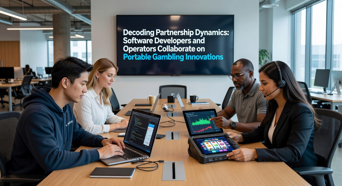 Software developers and casino operators reviewing portable gambling app interfaces on multiple devices during a collaborative session