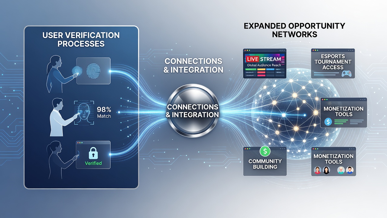 Illustration showing interconnected digital verification systems linking user profiles to global entertainment opportunity networks