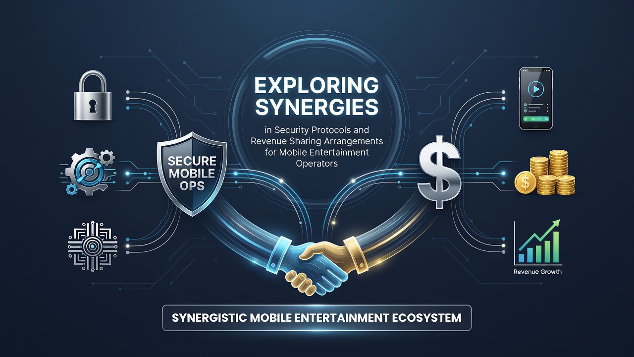 Mobile entertainment operators reviewing security protocols alongside revenue sharing dashboards on multiple devices