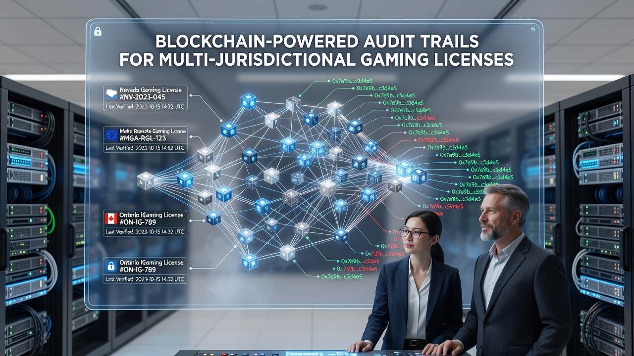 Regulatory dashboard displaying real-time blockchain audit trail for gaming licenses across borders