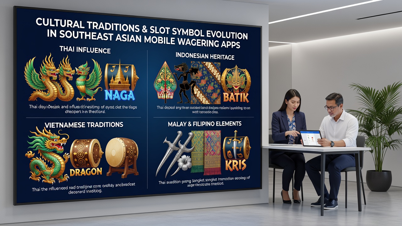 Mobile screen displaying Southeast Asian themed slot game with cultural icons and interface elements