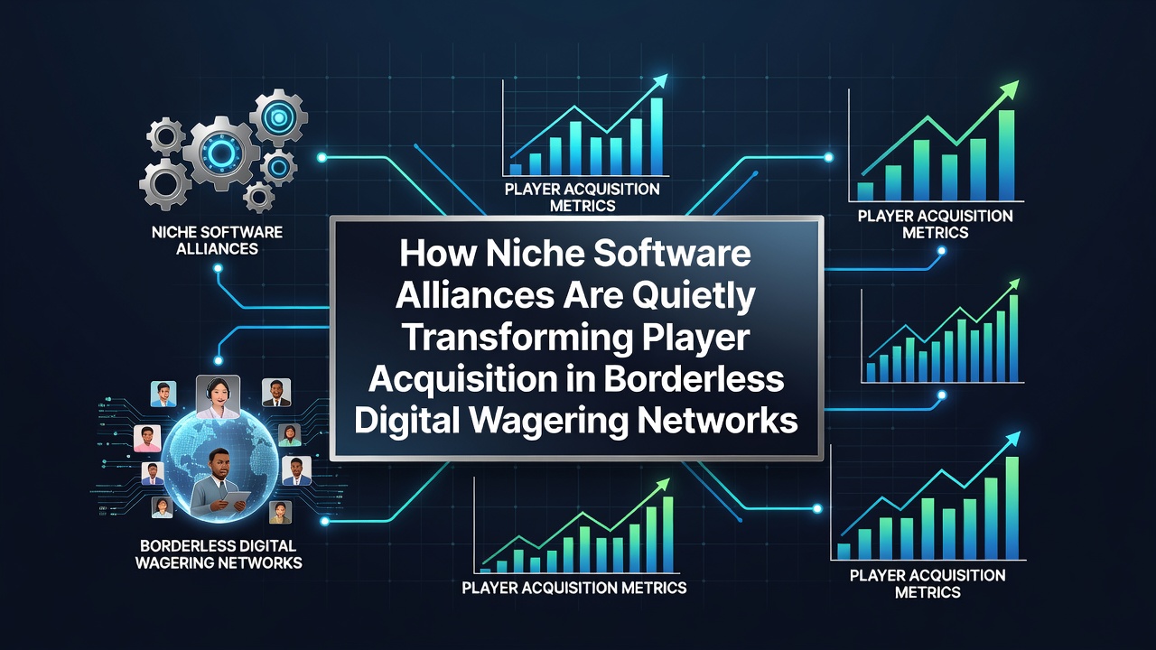 Network diagram showing interconnected software modules linking digital wagering platforms across multiple regions