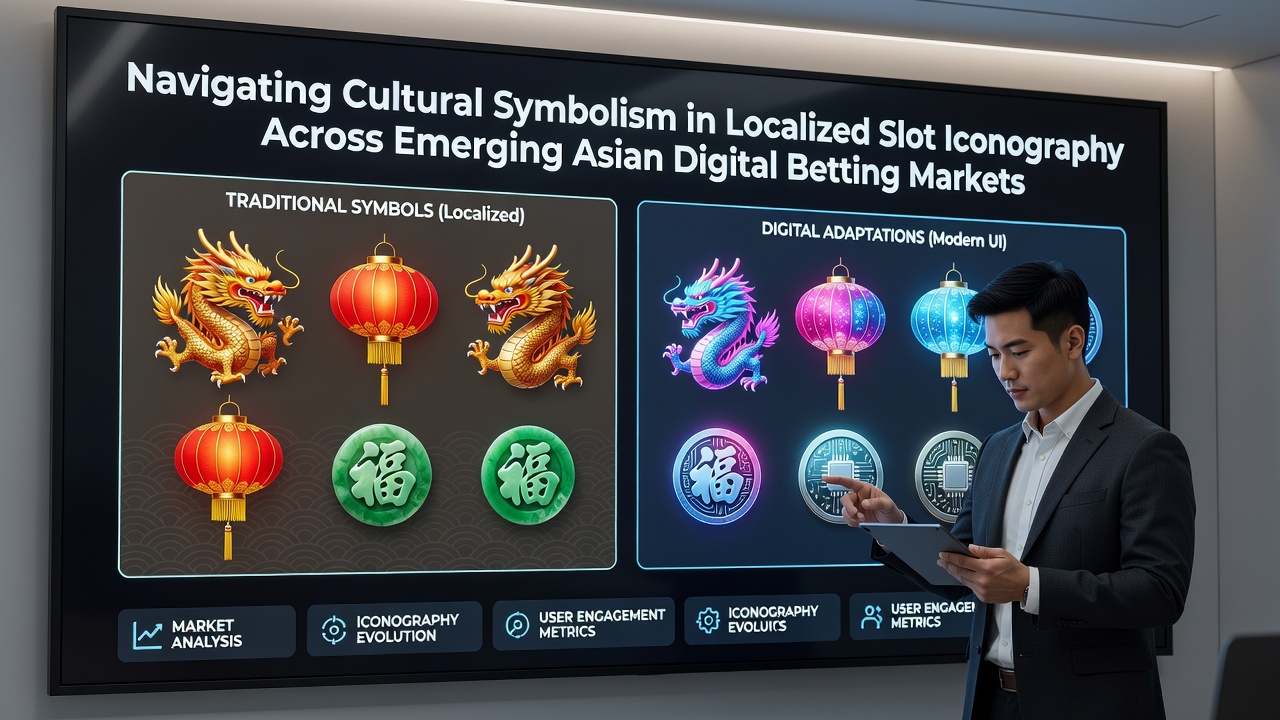 Comparison of slot symbol sets showing localized variants for different Asian markets with annotations on cultural meanings