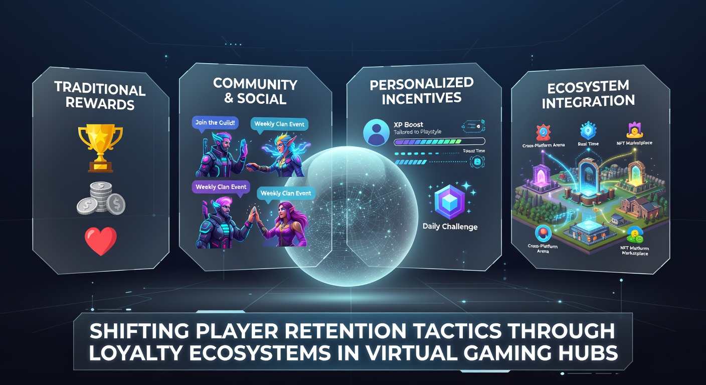Virtual gaming hub interface displaying interconnected loyalty ecosystem features including tier progression and personalized rewards