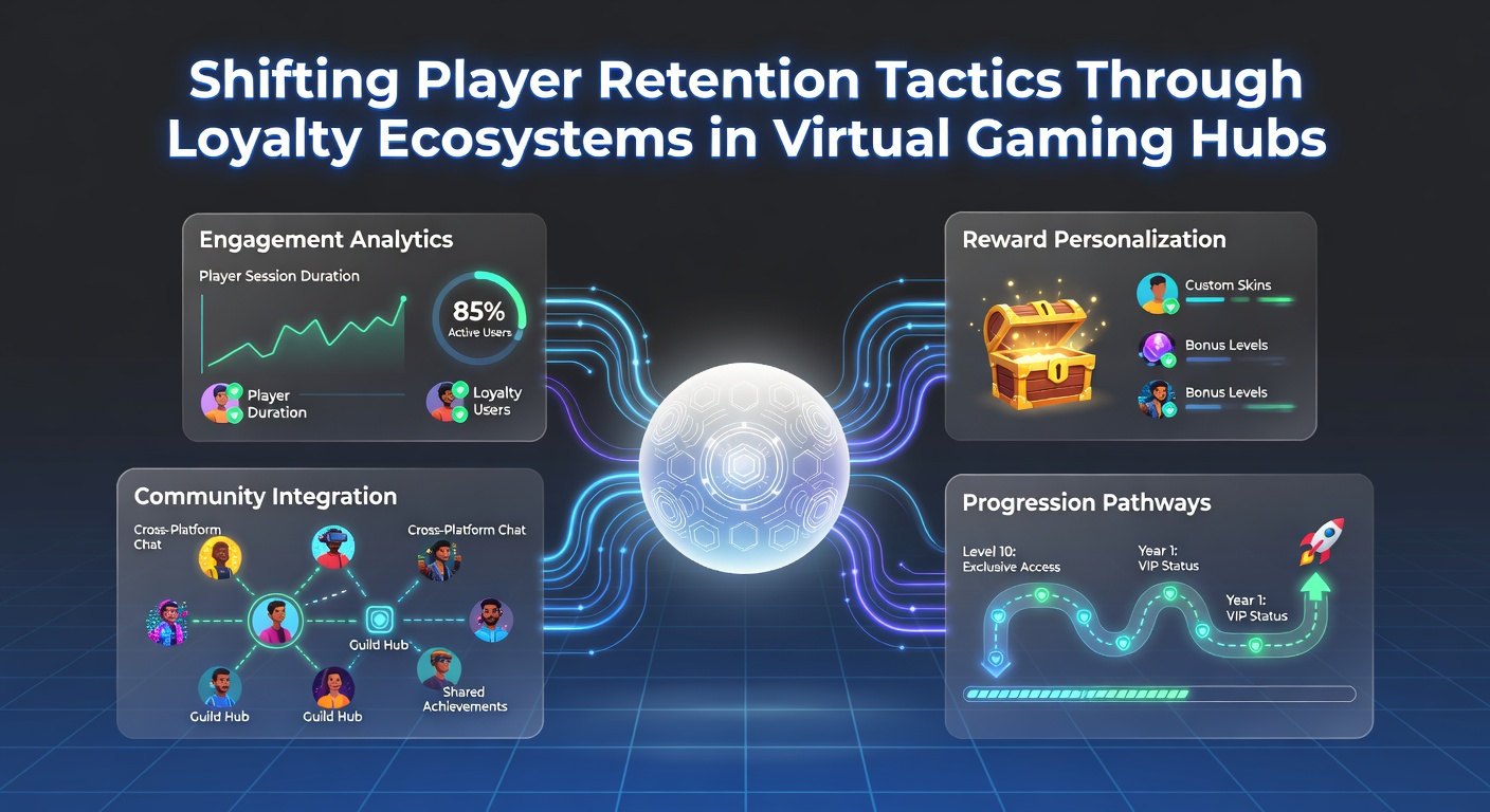 Analytics dashboard showing player retention metrics and loyalty tier distribution in a virtual gaming environment