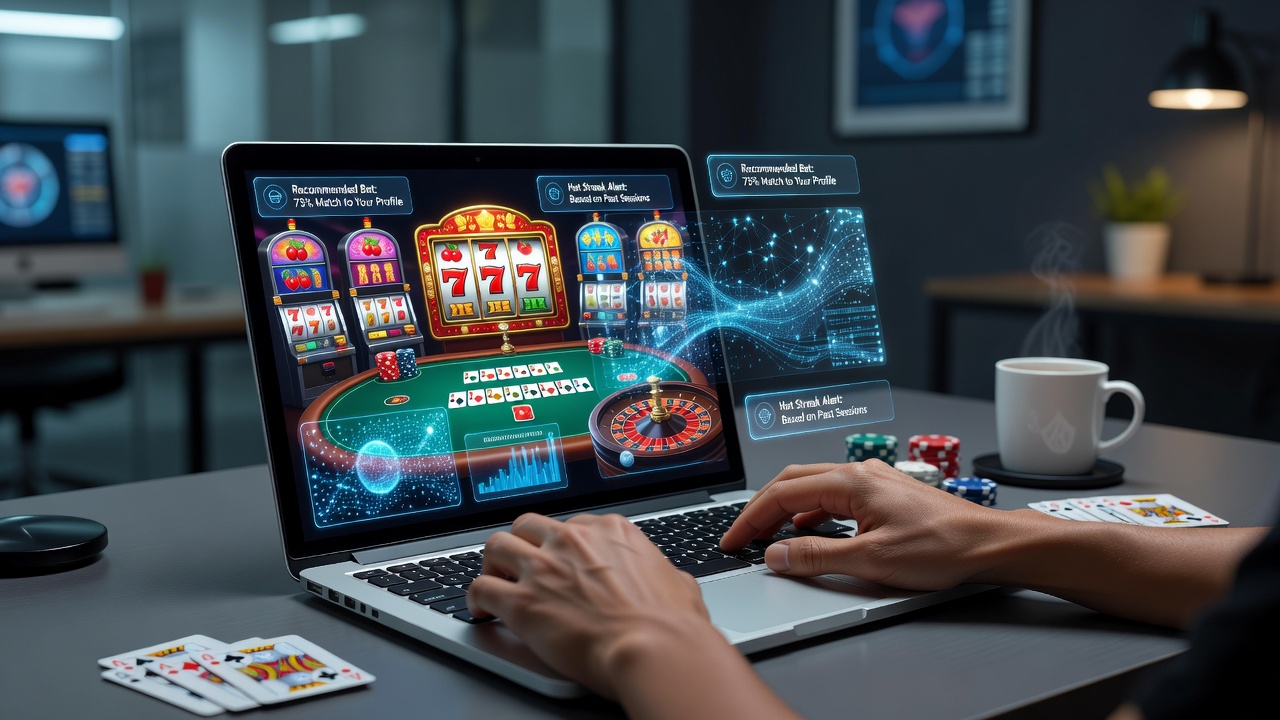 Illustration of algorithmic personalization interfaces displaying tailored game recommendations and session prompts during online gambling activities